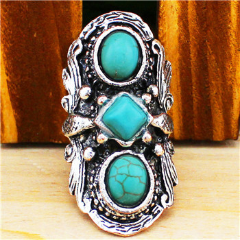 Vintage Look Tibet Alloy Antique Silver Plated Flower Three Turquoise Bead Adjustable Rings TR68