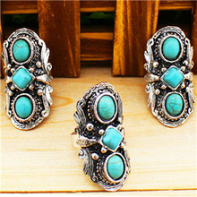 Vintage Look Tibet Alloy Antique Silver Plated Flower Three Turquoise Bead Adjustable Rings TR68