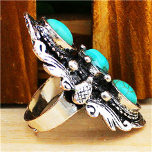 Vintage Look Tibet Alloy Antique Silver Plated Flower Three Turquoise Bead Adjustable Rings TR68