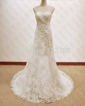 Новый длинные без бретелек белый кружева свадебное платье свадебные платья под 200 с бесплатным кружева перчатки
