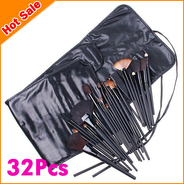 Wholesale 32 pcs Professional Goat hair wood Makeup Brush Sets Cosmetic Brushes kit Black Leather Case