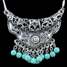 Vintage Jewelry Victoria Antique Silver Plated Flower Pendant Turquoise Necklace TN17