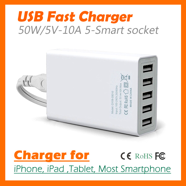 Free shipping 50W 5V 10A 5 Port Travel Charger Family Sized Desktop USB Charger Universal for