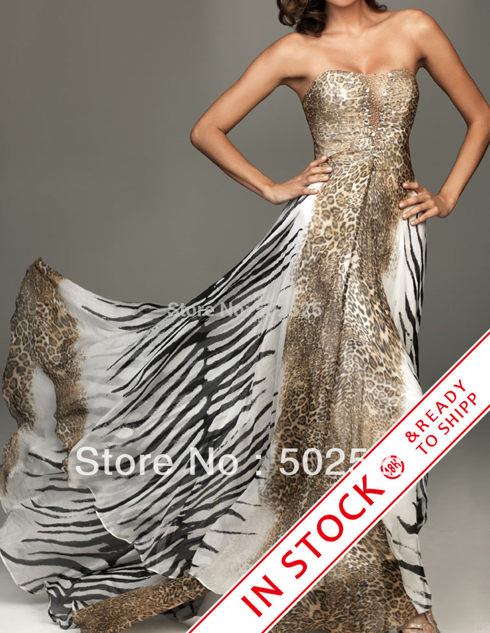free shipping leopard printing fabirc shining beading sexy evening dress OL101583(China (Mainland))