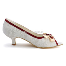 Elegant ML 004 Ivory Burgundy Trim Bow Lace 2 Spool Heel Wedding Bridal Women Shoes