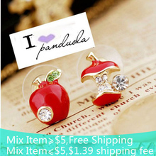 Free shipping(Min. Order is $10 )Fashion lovely red drops of glaze asymmetric apple earrings A0001