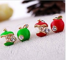 Free shipping Fashion lovely red drops of glaze asymmetric apple crystal stud earrings for women hot