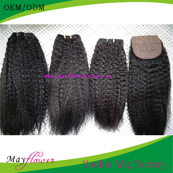 Kinky straight 100% virgin unprocessed malaysian hair wefts 2-3bundles with one silk top closure natural color no shed(China (Mainland))