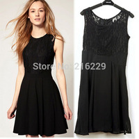 New Hot Sell Fashion Womens Dress Black Lace Sleeveless Waist Belt Tops Dress for Women OL043