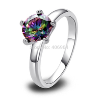 Free Shipping Wholesale Fashion Party Stylish Rare 8*8mm Round Cut Rainbow Topaz 925 Silver Ring Size 6 7 8 9 10 For Lover