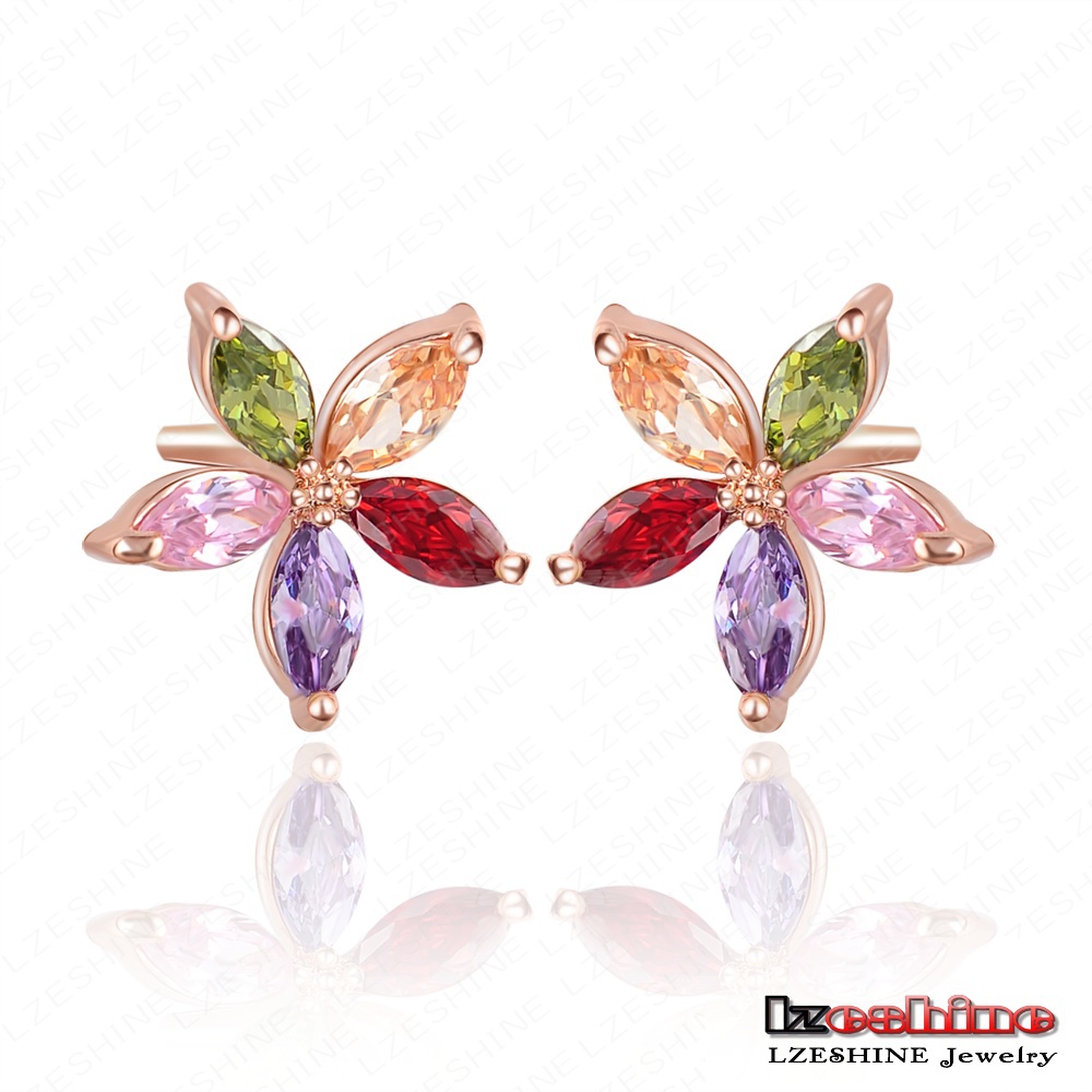 Small Cute Stud Earrings 5pcs Marquise cut Multicolour Flower Shape Swiss Cubic Zirconia Diamond Earring Jewellery