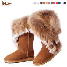 2013 christmas new fashion snow boots for womens nature fox fur tassels boot real genuine leather flat winter shoes high quality