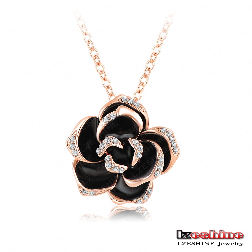 Black Enamel Rose Flower Pendant Necklace 18K Rose Gold Platinum Plate Austrian Crystal Necklaces Mix Colors
