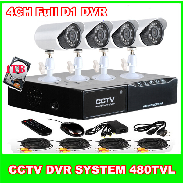 4Ch Realtime Full D1 Touch screen DVR 480TVL CMOS Weatherproof Security Camera Kit 1TB Hard Disk